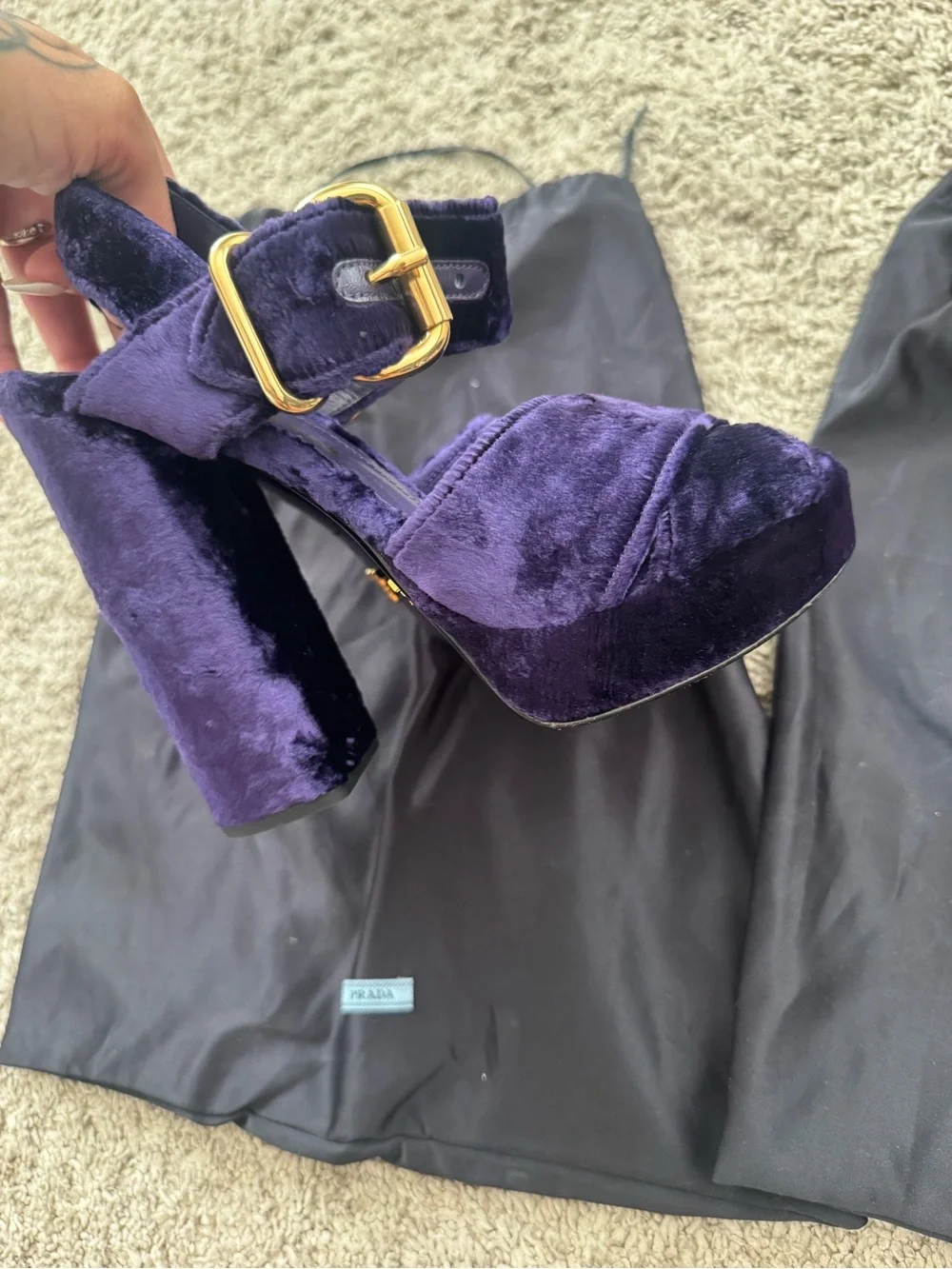 Prada Purple Velvet Platform Heels with Gold Buckle